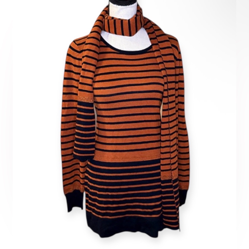 Conrad C Collection black & orange Striped Knit Sweater with Scarf Small/petite